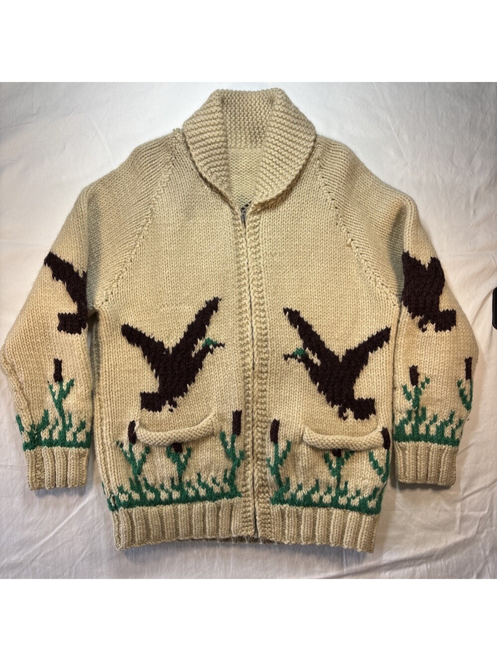 Vintage 50’s Hand Knitted Cowichan Style Mallard Duck Hunting Wool Zip Cardigan